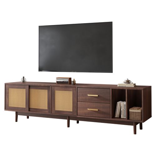 Meuble TV En Mdf Brun Avec Portes En Rotin, 190x40x52 Cm, Grand Rangement, Pour TV 75"