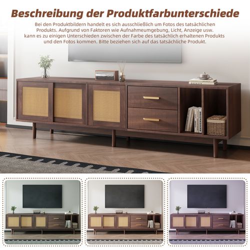 Meuble TV En Mdf Brun Avec Portes En Rotin, 190x40x52 Cm, Grand Rangement, Pour TV 75"