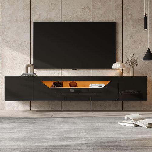 Meuble TV Mural 180x37x36 Cm Noir Et Bois Naturel, LED Contrôlable, Pour TV 75"