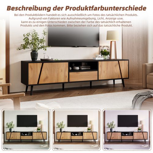 Meuble TV Bas 180x40x46 Cm En Bois Massif Et Panneau, 2 Portes, 1 Tiroir, Pour TV 75"