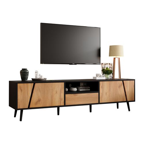 Meuble TV Bas 180x40x46 Cm En Bois Massif Et Panneau, 2 Portes, 1 Tiroir, Pour TV 75"