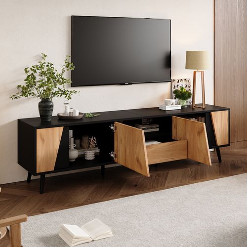 Meuble TV Bas 180x40x46 Cm En Bois Massif Et Panneau, 2 Portes, 1 Tiroir, Pour TV 75"