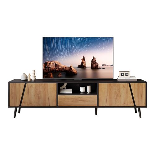 Meuble TV Bas 180x40x46 Cm En Bois Massif Et Panneau, 2 Portes, 1 Tiroir, Pour TV 75"