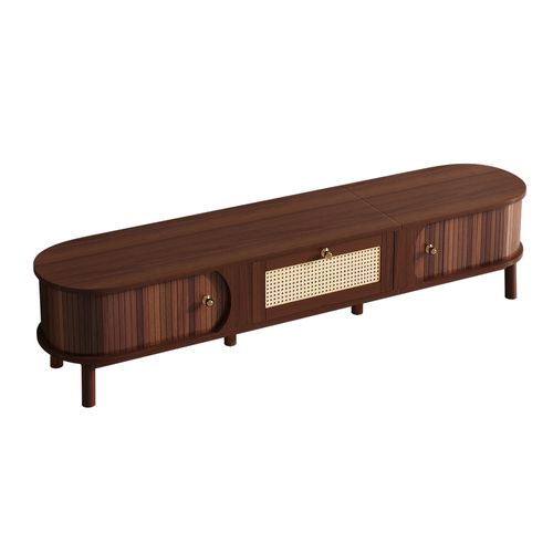 Meuble TV 170 Cm En Bois Massif Et Rotin, Portes Ajourées Naturelles