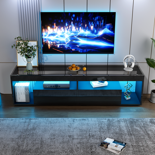 Meuble TV Noir Laqué Avec LED Dimmable, 2 Tiroirs, Pour TV Jusqu’à 70 Pouces