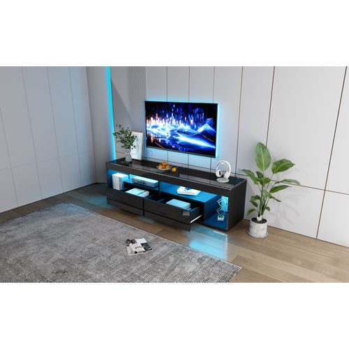 Meuble TV Noir Laqué Avec LED Dimmable, 2 Tiroirs, Pour TV Jusqu’à 70 Pouces