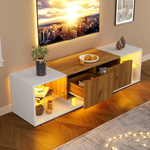 Meuble TV 3 Niveaux Blanc Et Bois Naturel Avec LED Et Rangements Pour TV Jusqu’à 70"
