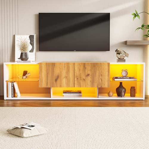 Meuble TV 3 Niveaux Blanc Et Bois Naturel Avec LED Et Rangements Pour TV Jusqu’à 70"