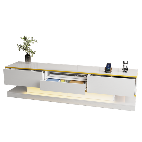 Meuble TV Moderne 180 Cm Blanc Brillant Avec LED Et 3 Tiroirs