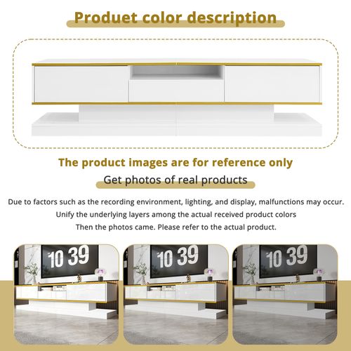 Meuble TV Moderne 180 Cm Blanc Brillant Avec LED Et 3 Tiroirs