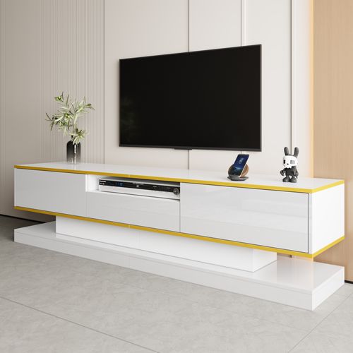 Meuble TV Moderne 180 Cm Blanc Brillant Avec LED Et 3 Tiroirs