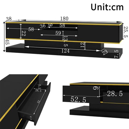Meuble TV Moderne 180 Cm Noir Brillant Avec LED Et 3 Tiroirs