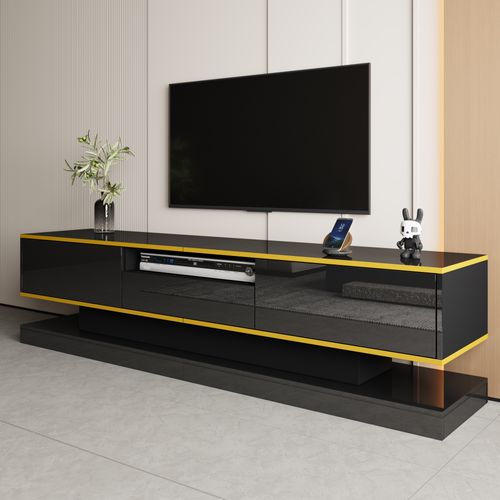 Meuble TV Moderne 180 Cm Noir Brillant Avec LED Et 3 Tiroirs