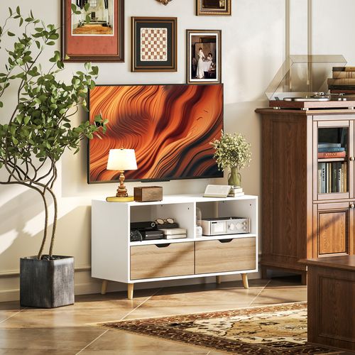 Meuble TV Lowboard Blanc 99 x 39 x 58 cm Avec Tiroirs Et Étagères, Design Moderne