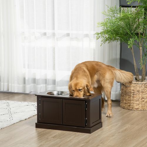 Gamelle Surélevée Pour Chien Avec Rangement, 2 Bols Inox, 60x30x34 Cm, Marron