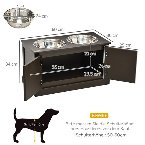 Gamelle Surélevée Pour Chien Avec Rangement, 2 Bols Inox, 60x30x34 Cm, Marron