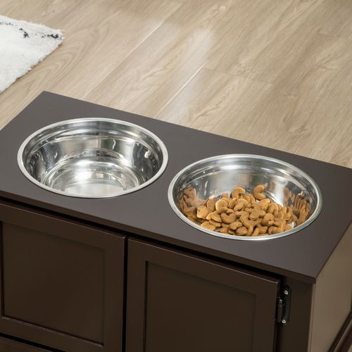 Gamelle Surélevée Pour Chien Avec Rangement, 2 Bols Inox, 60x30x34 Cm, Marron