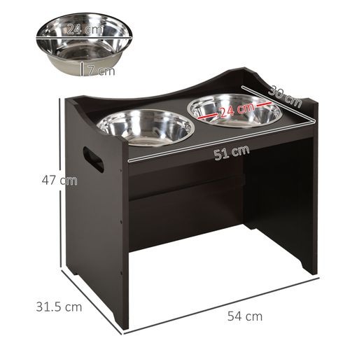 Gamelle Réglable Pour Chien Et Chat Avec Bols Inox, Support Bois Mdf, 54x31,5x47 Cm, Marron