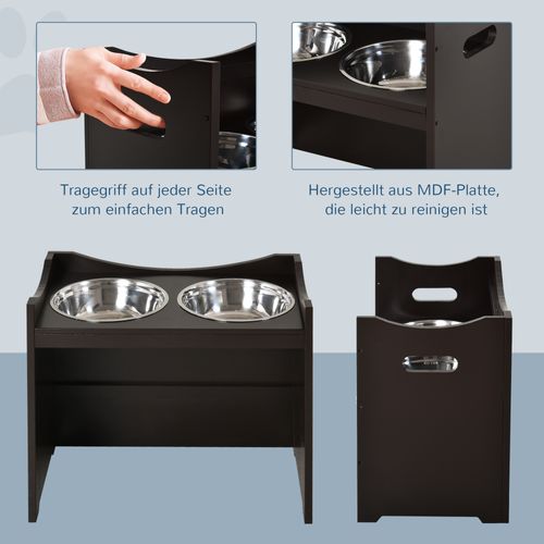 Gamelle Réglable Pour Chien Et Chat Avec Bols Inox, Support Bois Mdf, 54x31,5x47 Cm, Marron