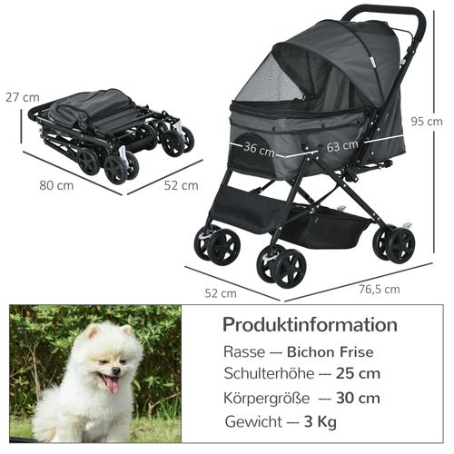 Poussette Pour Chien Et Chat Pliable, Châssis Acier, Gris Foncé 76,5x52x95 Cm