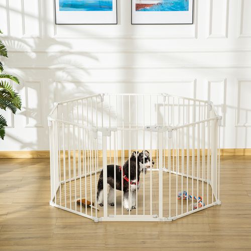 Parc Pliable Pour Chien Avec Porte, 8 Panneaux, Fixation Murale, Blanc 60x76 Cm