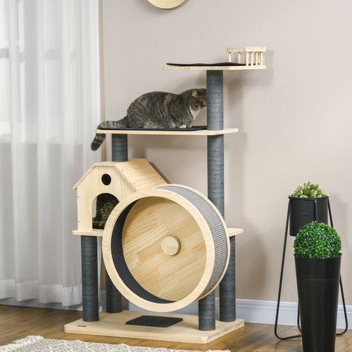 Arbre à Chat Naturel 4 Étages Avec Roue, Maison En Bois Et Griffoirs En Sisal