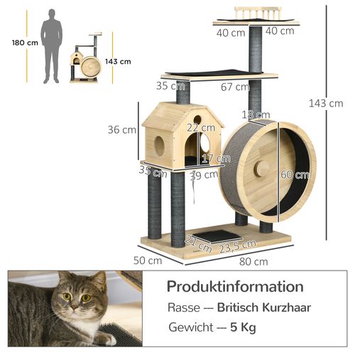 Arbre à Chat Naturel 4 Étages Avec Roue, Maison En Bois Et Griffoirs En Sisal