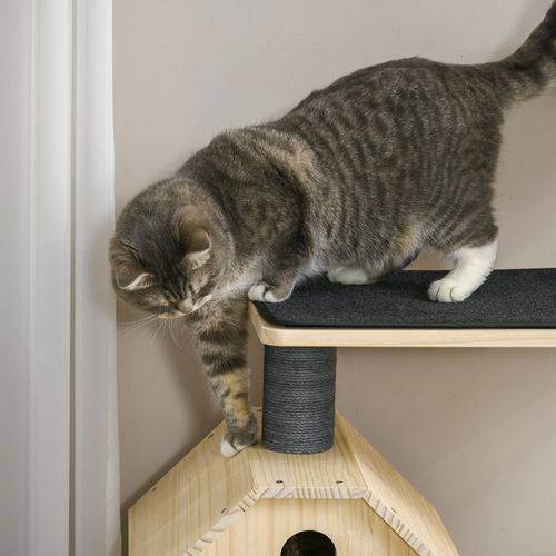 Arbre à Chat Naturel 4 Étages Avec Roue, Maison En Bois Et Griffoirs En Sisal