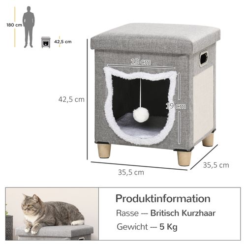 Maison Pour Chat Ottomane Avec Coussin, Tapis à Griffer Et Balle, Gris