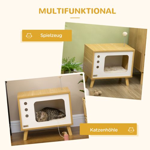 Maison Pour Chat Design TV Avec Coussin Et Balle De Jeu, Chêne/beige/blanc