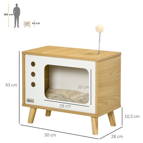Maison Pour Chat Design TV Avec Coussin Et Balle De Jeu, Chêne/beige/blanc