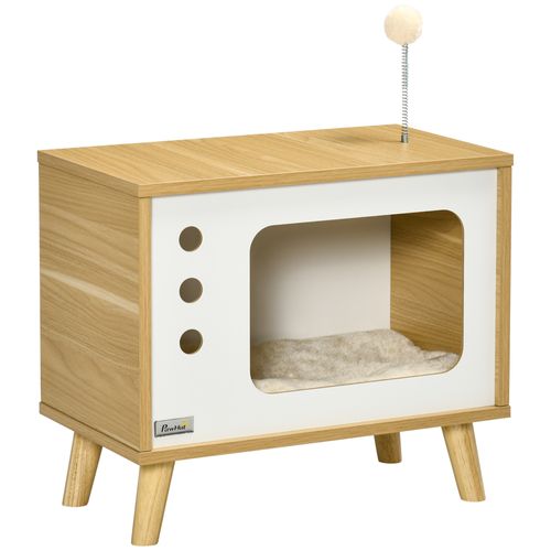 Maison Pour Chat Design TV Avec Coussin Et Balle De Jeu, Chêne/beige/blanc
