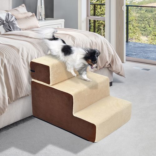 Escalier Pour Animaux 3 Marches En Peluche Beige 54x40x39 Cm Pour Chiens Et Chats