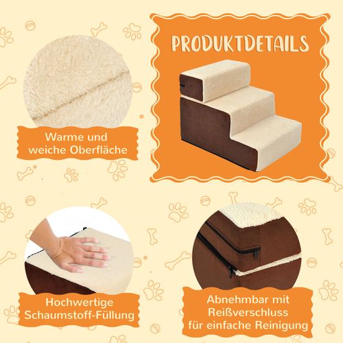 Escalier Pour Animaux 3 Marches En Peluche Beige 54x40x39 Cm Pour Chiens Et Chats