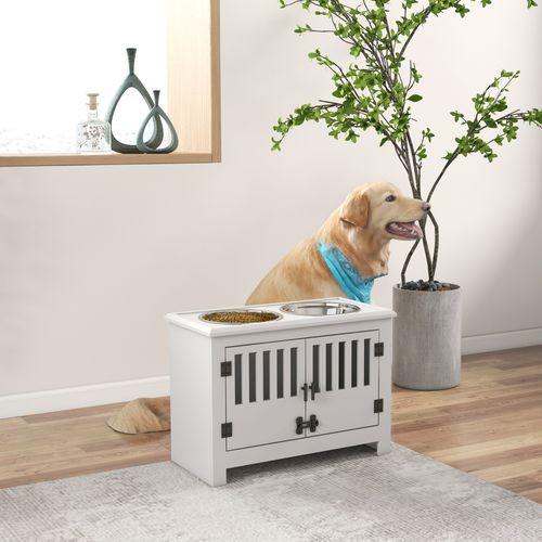 Gamelle Surélevée Avec Rangement, Double Bol Inox 2l, Pour Grands Chiens, Blanc