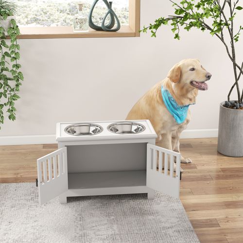 Gamelle Surélevée Avec Rangement, Double Bol Inox 2l, Pour Grands Chiens, Blanc