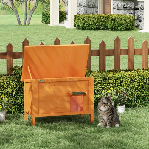Maison Isolée Pour Chat En Bois Avec Rideau, Extérieure, Design Surélevé, Orange