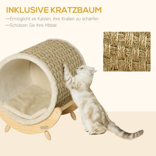 Maison Pour Chat Avec Griffoir, Coussin Et Étagère En Pin, Khaki Naturel 41x38x43 Cm
