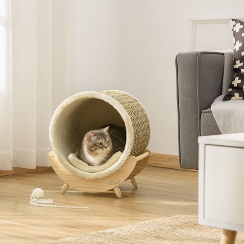 Maison Pour Chat Avec Griffoir, Coussin Et Étagère En Pin, Khaki Naturel 41x38x43 Cm