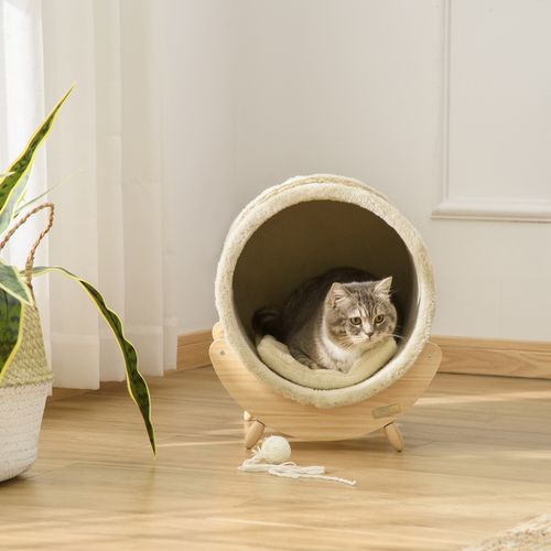 Maison Pour Chat Avec Griffoir, Coussin Et Étagère En Pin, Khaki Naturel 41x38x43 Cm