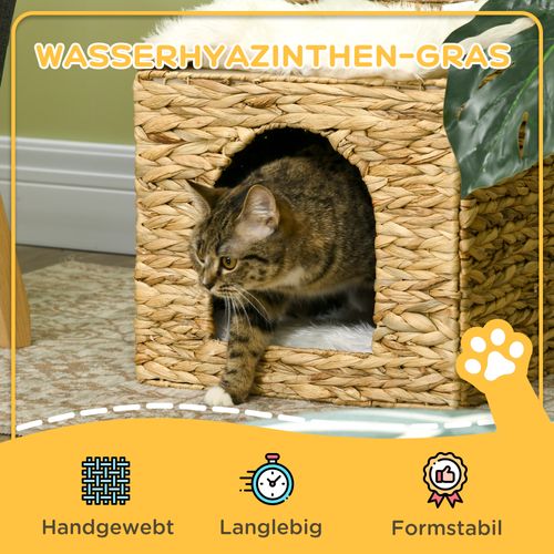 Maison Pour Chat En Rotin 2 Niveaux Avec Coussins En Jacinthe D'eau, Brun, Jusqu’à 5 Kg