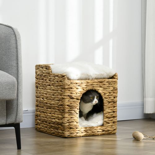 Maison Pour Chat En Rotin 2 Niveaux Avec Coussins En Jacinthe D'eau, Brun, Jusqu’à 5 Kg