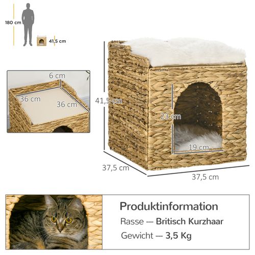 Maison Pour Chat En Rotin 2 Niveaux Avec Coussins En Jacinthe D'eau, Brun, Jusqu’à 5 Kg