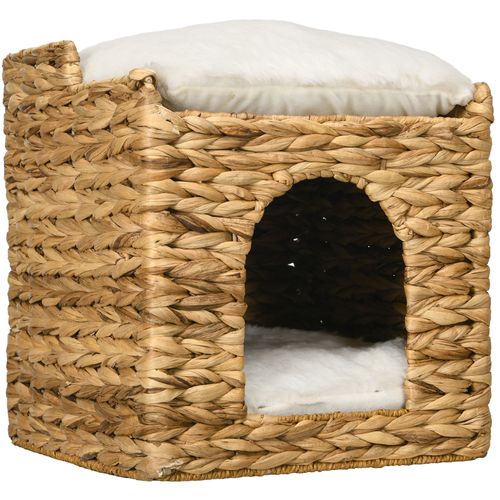 Maison Pour Chat En Rotin 2 Niveaux Avec Coussins En Jacinthe D'eau, Brun, Jusqu’à 5 Kg