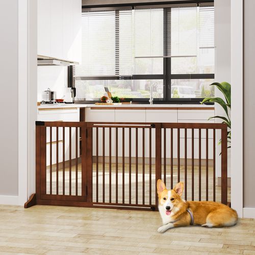 Barrière Pour Chien En Bois Autoportante Avec Porte, 113-166 Cm, Marron