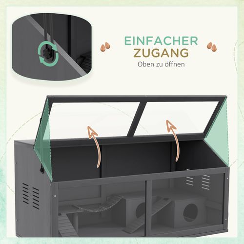 Cage En Bois Pour Hamster 100 cm Avec Pont, Maison, Toit Ouvrant – Gris Foncé