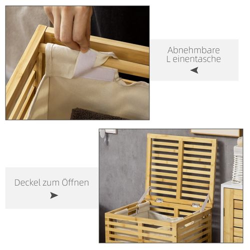 Panier à Linge Bambou 63 L Avec Couvercle Et Sac Amovible, 44x37x62,5 Cm Naturel