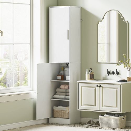 Armoire Haute Salle De Bain Blanche, 2 Portes, Étagères Réglables, 40x35x180 Cm