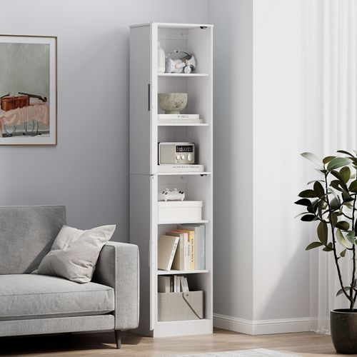 Armoire Haute Salle De Bain Blanche, 2 Portes, Étagères Réglables, 40x35x180 Cm