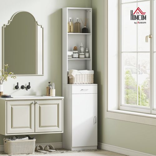 Armoire Haute Salle De Bain Blanche, Étagères Réglables, Tiroir, 35x30,5x179 Cm